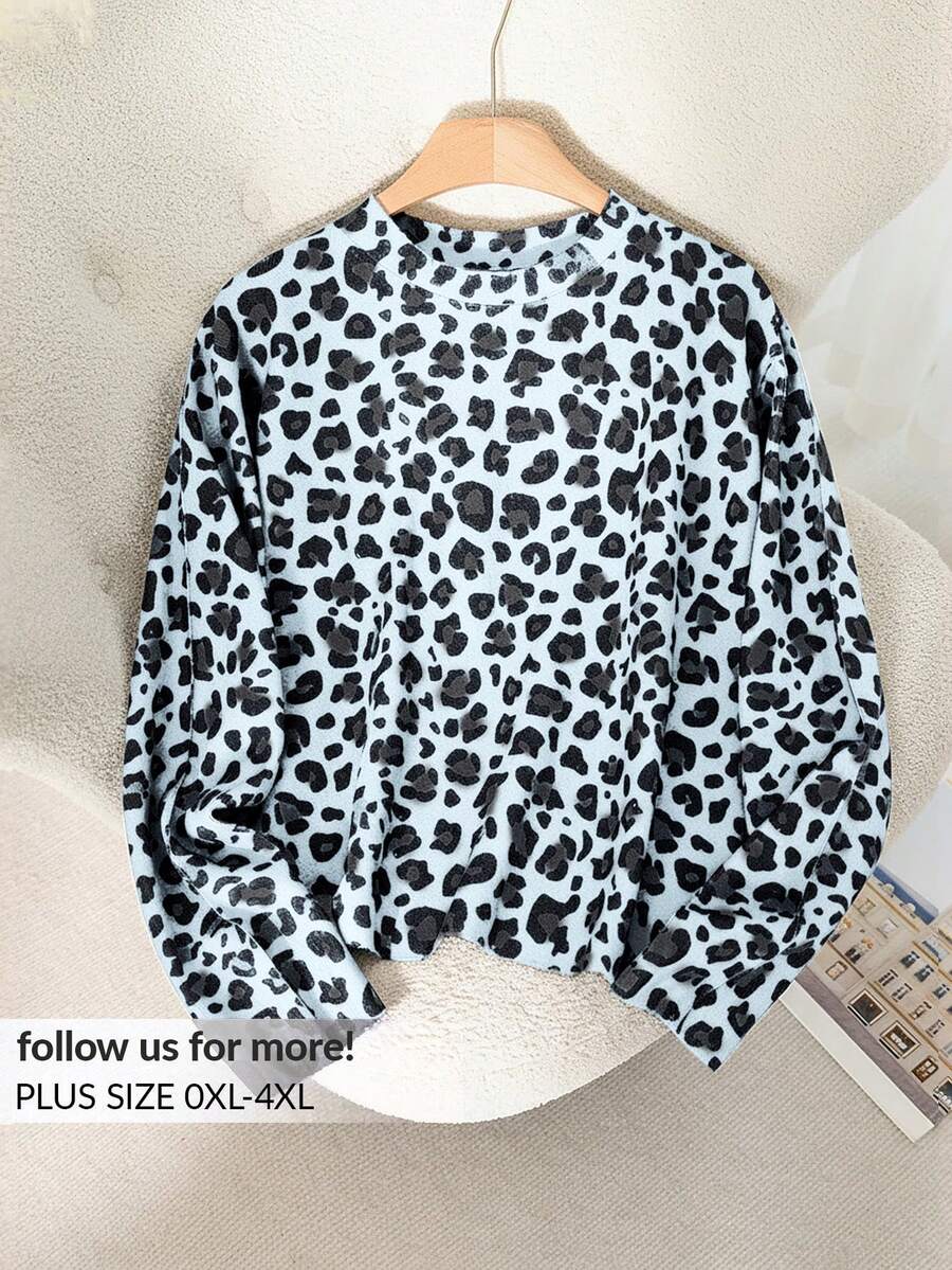 CosyJoli Maglione casual elegante da donna taglia comoda, con stampa leopardata francese e grafica romantica, adatto per l'autunno/inverno