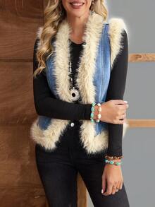 EMERY ROSE Women's Autumn/Winter Faux Fur Patchwork Sleeveless Denim Jacket And Coat - Blue - View 4