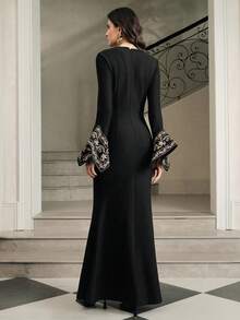 Anewsta Women's Elegant Long Sleeve Round Neck Mermaid Hem Fitted Dress, Embroidered With Gold Thread And Embellished With Rhinestones On Cuffs, Suitable For Daily Gatherings And Various Occasions