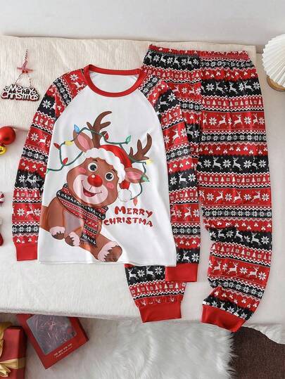 SHEIN 2 pezzi Set pigiama uomo con top a maniche raglan e pantaloni stampati, comodo, abbigliamento autunnale