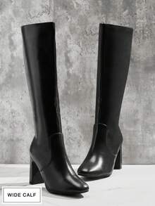 SHUZIA #今日穿搭 宽筒女式方头粗跟高级PU黑色过膝长靴 – 侧拉链，宽松靴筒，流畅线条，尽显现代圣诞风范 宽楦 - 黑色 - 查看 7