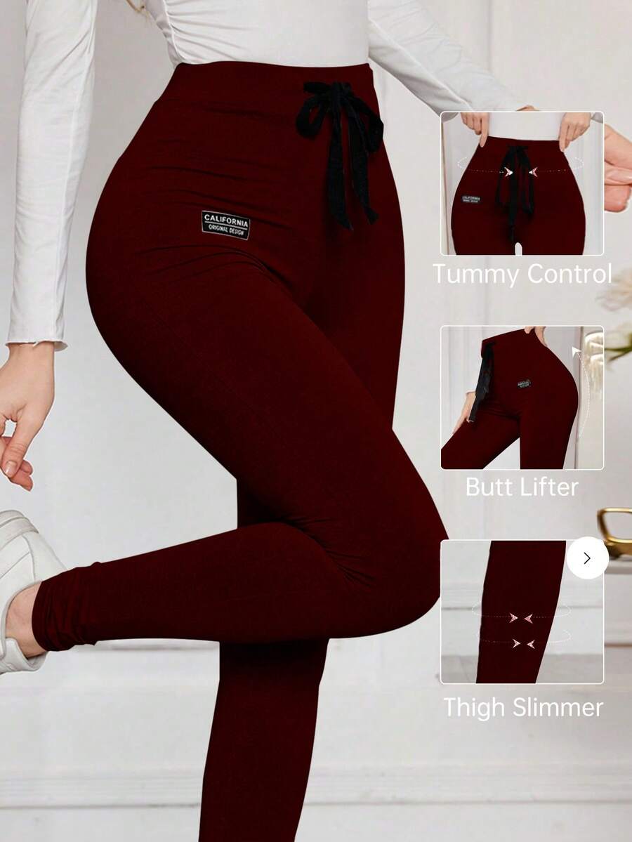 Modelyn Solid Color Drawstring Tight Fit Stretchy Leggings - Burgundy - View 1