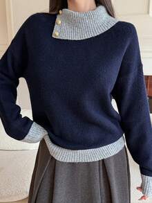 DAZY Sweater Rajut Longgar Colorblock Elegan untuk Wanita, Musim Gugur - Navy Blue - View 3