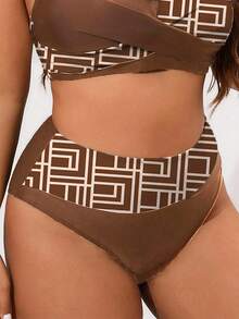 Swim Lushoire Plus Size One-Piece Solid Color & Random Geometric Print High Waist Patchwork Sexy Elegant Beach Vacation Women Bikini Bottom - Coffee Brown - View 4