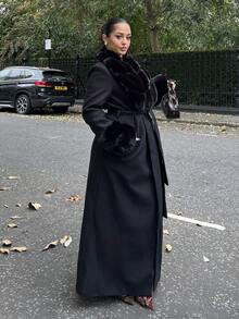 NegzBox 女士纯色蓬松披肩领长袖长款优雅羊毛混纺大衣，复古大衣冬秋女装万圣节风情女装演唱会服装冬季女装皮草大衣时尚保暖，适合聚会和外出 - 黑色 - 查看 5