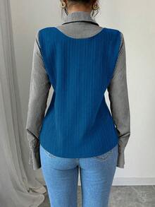 Elenzga 女式休闲撞色条纹长袖常规上衣，秋季 - 寶藍色 - 查看 2