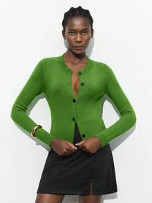 Maija Women's Elegant Solid Green Round Neck Button Front Long Sleeve Casual Pullover Sweater, Versatile For Christmas, Daily Wear, Business Casual - Green - View 6