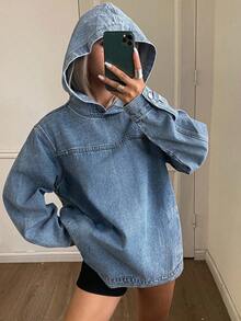 Livesso Women's Loose Casual Denim Hoodie Long Sleeve Women - Blue - View 3