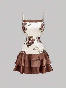 SHEIN MOD Elegantes Damen Minikleid mit Blume Muster Patchwork und Spaghettiträgern, Herbst/Winter, Peplum Kleid, Kleid Oberteile, Korsett Oberteil Kleid, Rüschenkleid, Blumenkleid, Weihnachtskleidung für Damen, Silvesterkleid, Partykleid, Boho Damen, Country Konzert, Western Wear, Strandkleid, Elegante Kleider für Partys, Brauner Rock, Samt Minikleid, Vintage