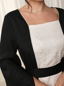Al Najma 2025 Neues Mittlerer Osten Stil Abaya Kleid, Farbblockdesign Jacquard mit feiner Borte, quadratischer Ausschnitt, elegant & schlank - Schwarz - Übersicht 6