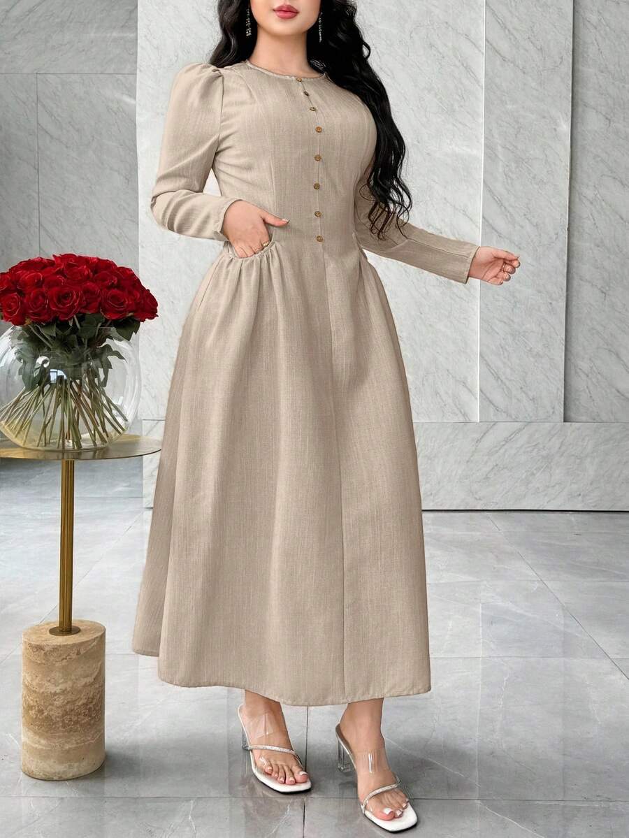 Feyla Vestido elegante de estilo francés con bolsillos que ciñen la cintura, minimalista y elegante que estiliza la figura - Caqui - Ver 1