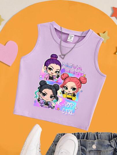 Fashionable Casual KPOP Girl Group Printed Sleeveless Top, Purple Basic Tank Top, Comfortable Everyday Layering, Suitable For All Seasons, Punk Cyberpunk 5 6y Crop Top Purple Outfit Girl Cute Crop Top For Girls Lavender Tank Top Girls Cute Girl Tops