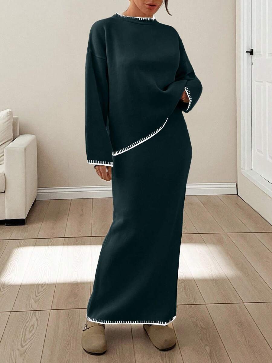 EURMUSE Women Stitch Detailed Round Neck Drop Shoulder Pullover & Sweater Skirt Set - Dark Green - View 1