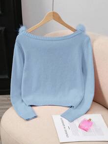 SHEIN LUNE Fashionable Solid Color Patchwork Fur Collar Off-Shoulder Sweater Fairycore Baby Blue - Blue - View 2