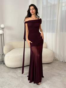 SHEIN Tall 酒红色斜肩褶皱伞裙长连衣裙，优雅大方，适合节日、婚礼、生日、毕业季等场合。 - 酒紅色 - 查看 3