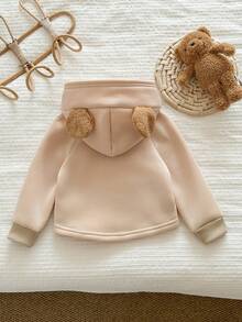 SHEIN LMoss Kids 女婴法式优雅熊耳连帽毛绒长袖卫衣 - 粉色 - 查看 2