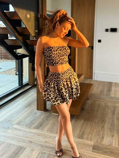 RebeccaVibe Leopard Print Embroidered Tube Top And Layered Skirt Woven Two-Piece Set Y2K Outfit 