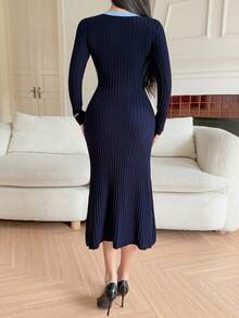 DAZY 女士撞色滚边修身圆领长袖优雅毛衣连衣裙 - 藏蓝色 - 查看 3