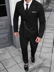 Manfinity Mode 2件套男士休闲纯色长袖上衣和裤子西装套装男士黑色西装套装男士双排扣西装男士2件套西装晚宴西装男士时尚西装，老钱风格 - 黑色 - 查看 4