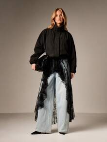 AiiRZ Oversized Lace Mesh Midi Dress With Ruffle Hem Overlay For Evening Cocktail Party Occasions