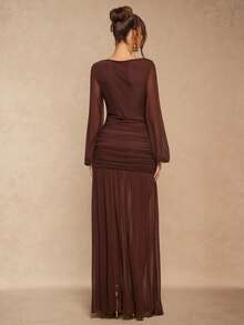 Silquee 棕色心形领口扭腰褶皱灯笼袖开衩连衣裙，适合情人节、圣诞节、约会之夜、派对、婚礼、鸡尾酒会等场合，优雅浪漫 - 咖啡棕 - 查看 2