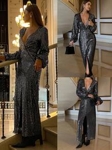 Livesso Elegant Black Sequin Embellished Dress, Suitable For New Year, Christmas, Wedding, Party, Banquet, Formal Occasions, Autumn/Winter Carnival Sparkly Dress - Black - View 7