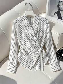 GlowEve Áo cánh tay dài cổ chữ V họa tiết sọc thanh lịch dành cho nữ, mùa thu/đông - trắng - Xem 1