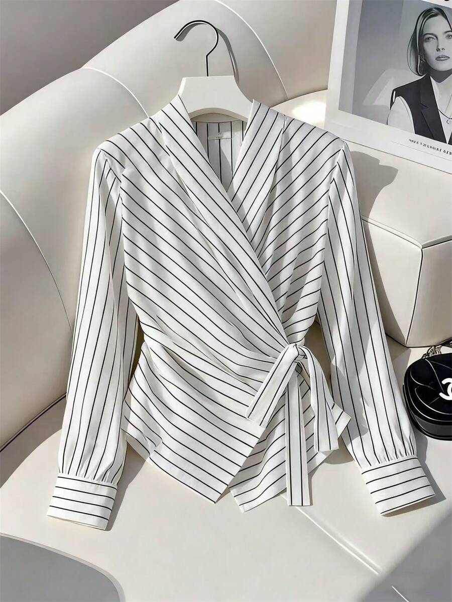 GlowEve Áo cánh tay dài cổ chữ V họa tiết sọc thanh lịch dành cho nữ, mùa thu/đông - trắng - Xem 1
