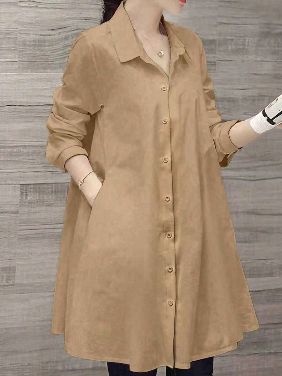 SHEIN LUNE Plus Size Plain Button Front Long Sleeve Pocket Casual Blouse, Everyday Wear Women Shirt Fall - Khaki - View 1