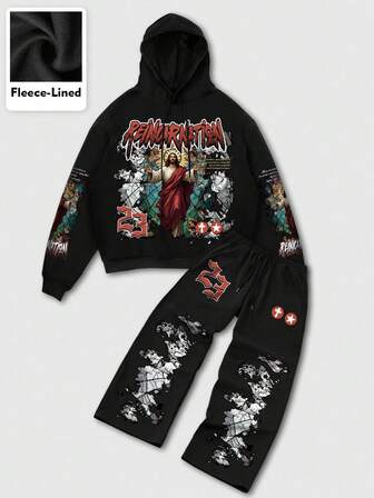 Street Life Men's Black Jesus Print Hoodie Set, Autumn/Winter