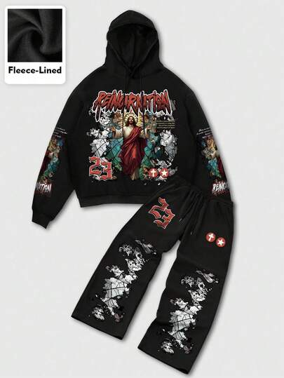 Street Life Men's Black Jesus Print Hoodie Set, Autumn/Winter