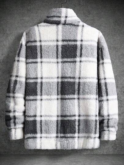 Manfinity Homme Men Plaid Pattern Teddy Jacket, Going Out Colorful Long Sleeve Casual Flannel Jacket, For Friends, Husband, Boyfriend Gifts, For Fall Winter