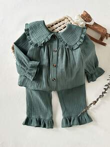 SHEIN 2pcs Baby Girls' Long Sleeve Set, Adorable Peter Pan Collar With Ruffle Trim, Full Snap Front For Easy Dressing, Elastic Ruffle Cuffs And Waist, Comfortable Ruffle Hem, Solid Green Double Gauze - Green - View 5
