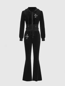 ROMWE Goth Baddie Casual Y2K Rhinestone Cross Front Zipper Hoodie & Flare Pants Set With Tie Bowknot & Velvet Fabric, Stretchy Knitted In Solid Black, Women