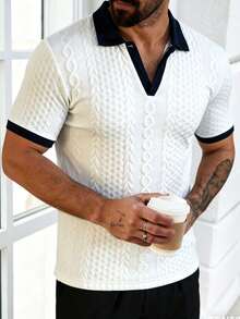 Manfinity Homme 男士休闲撞色短袖 Polo 衫，夏季 - 白色 - 查看 1