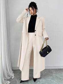 SHEIN PETITE CURVE Elegant Casual Blazer Windbreaker Jacket, High-End Suit Outfit For Commuting And Outings, Long Coat Set, Spring/Autumn