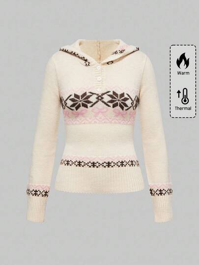 ROMWE Avant كنزة صوفية صوفية مطبوعة بطراز فير آيل مزينة بعقدة للنساء بتصميم ضيق مع كابوشون من الطراز الرجعي Y2K