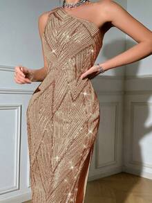 Glamine 女式单肩无袖高开衩亮片连衣裙，适合节日派对服装，长款女装 - 杏色 - 查看 10