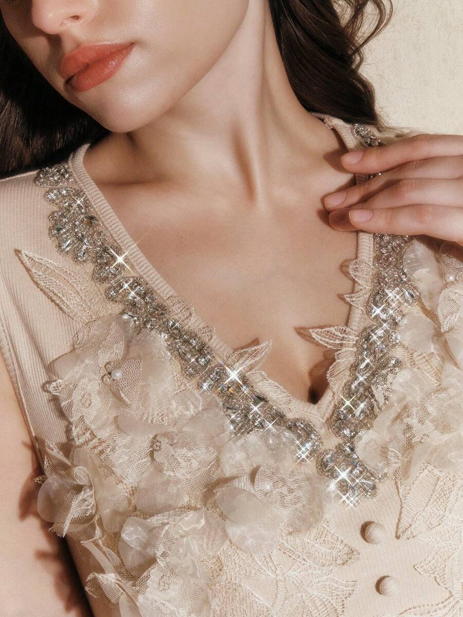 Anewsta Camiseta Elegante de Moda Floral e Diamante Feita à Mão para Mulheres Plus Size, Adequada para Verão, Primavera, Ano Novo, Festa, Casamento, Elegante, Chique, Estilosa, Casual - Damasco - Visão 1