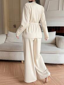 DAZY 2pcs Solid Color Loose Long Sleeve V-Neck Belted Suede Jacket And Wide Leg Pants Casual Elegant Formal Suit, Autumn/Winter - Apricot - View 2