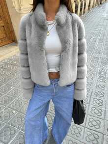 Aloruh 秋冬新款立领短款仿皮草外套 - 淺灰色 - 查看 6