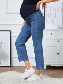 SHEIN 孕妇蓝色直筒时尚百搭休闲七分裤 - 中等水洗藍 - 查看 4