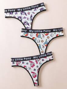 My Little Pony X SHEIN 3pcs Women's Full Print Contrast Binding Letter Tape Waist Comfortable Briefs Cute Panties Graphic Panties