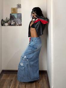 SHEIN 女士时尚破洞牛仔工装裙