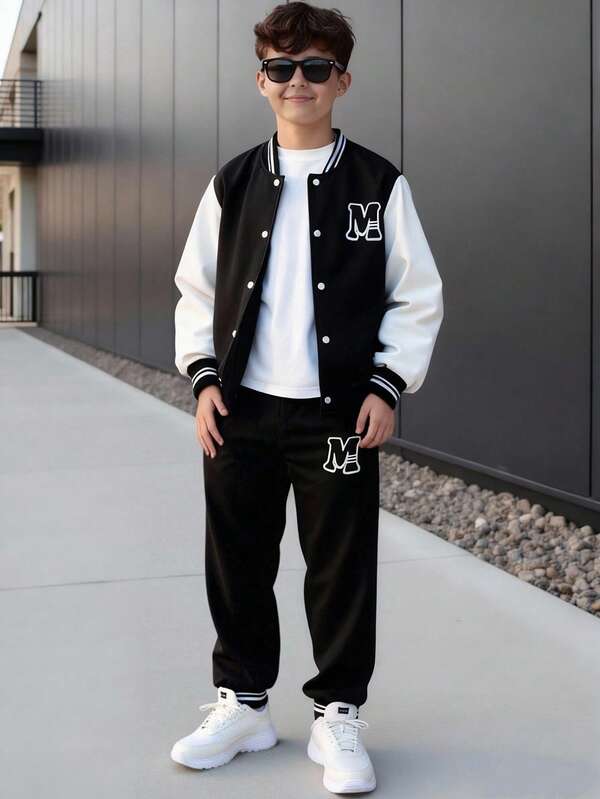 SHEIN Tween Jungen Outfit im Teenager-Alter mit Buchstaben-Muster, Kontrast-Farben, Langarm-Jacke mit Baseballkragen und Knopfleiste, und Hose, lässiger Anzug
