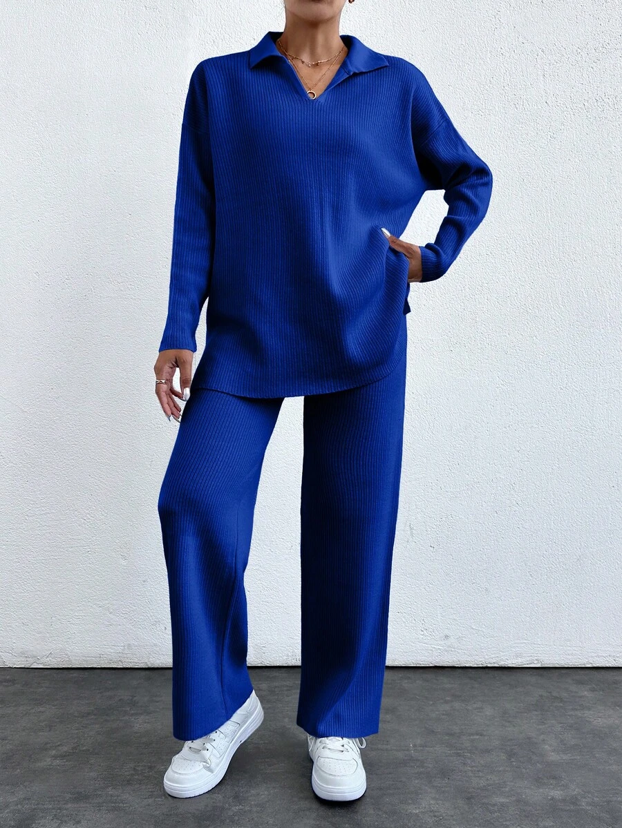 EURMUSE 2pcs/Set Solid Color Turn-Down Collar Sweater And Long Pants Outfit - Royal Blue - View 1