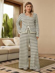 EMERY ROSE Plus Size Women Striped Long Sleeve Button Design Top And Wide Leg Pants Casual 2 Pieces Set - Black and White - View 5