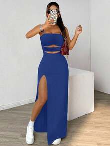 Selianne 1 pezzo Abito a metà lunghezza aderente da donna con spalle scoperte e spacchi, di colore unito e sexy - Blu - Visualizzare 4