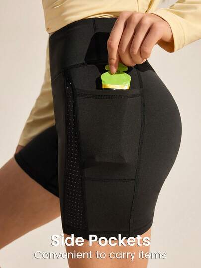 Exploreva Short taille haute sans couture avec poche latérale pour femmes. Short de yoga avec poche. Short de sport avec poche. Legging court avec poche. Collant avec poche. Short de vélo avec poche. Pantalon skinny séchage rapide avec poche