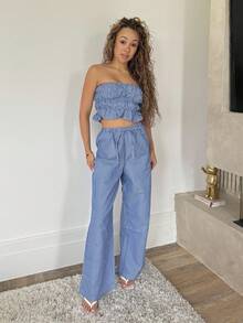 RebeccaVibe 2 件套女士休闲条纹露肩上衣 + 阔腿裤，轻松舒适，修身，春季 - 藍色 - 查看 5